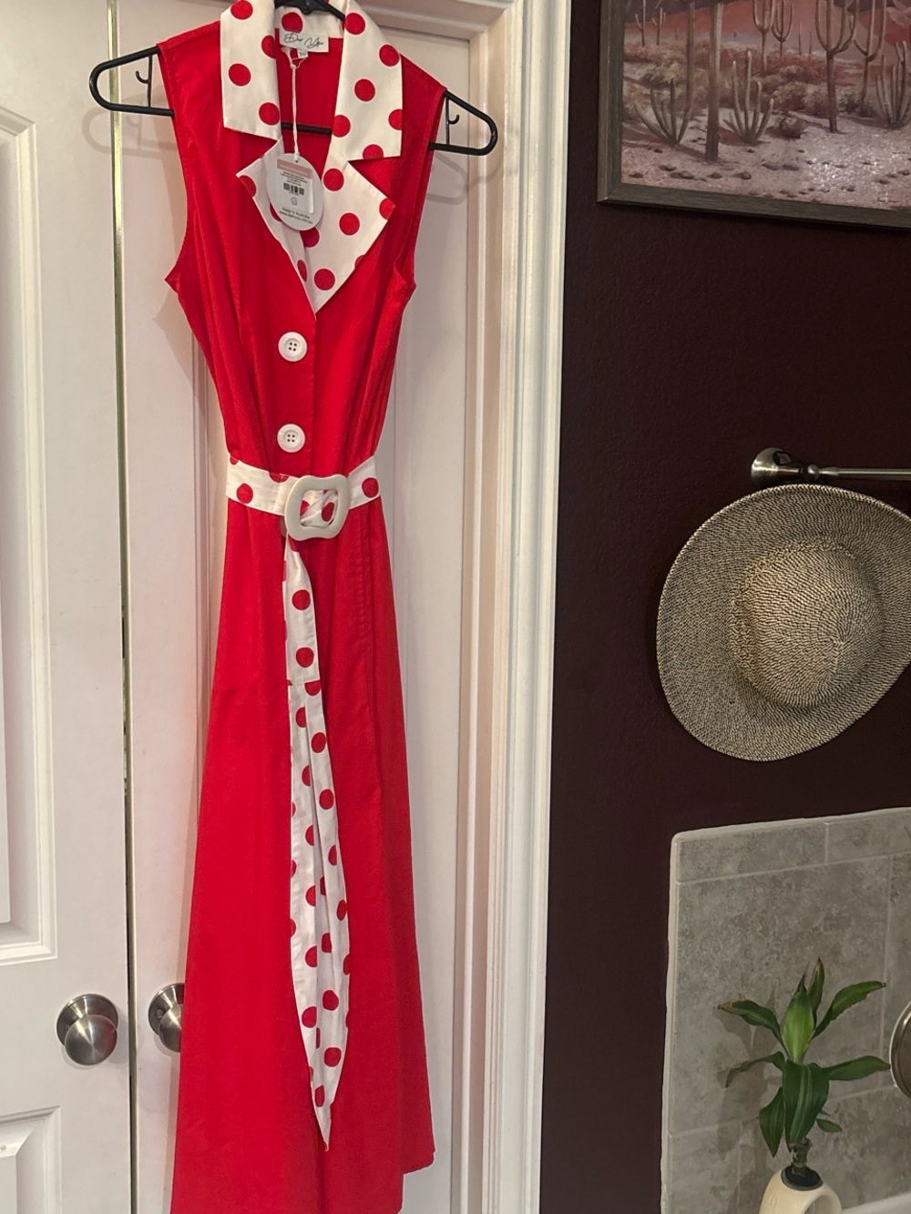 NWT Vintage-Inspired Red Polka Dot Collared Dress with Belt